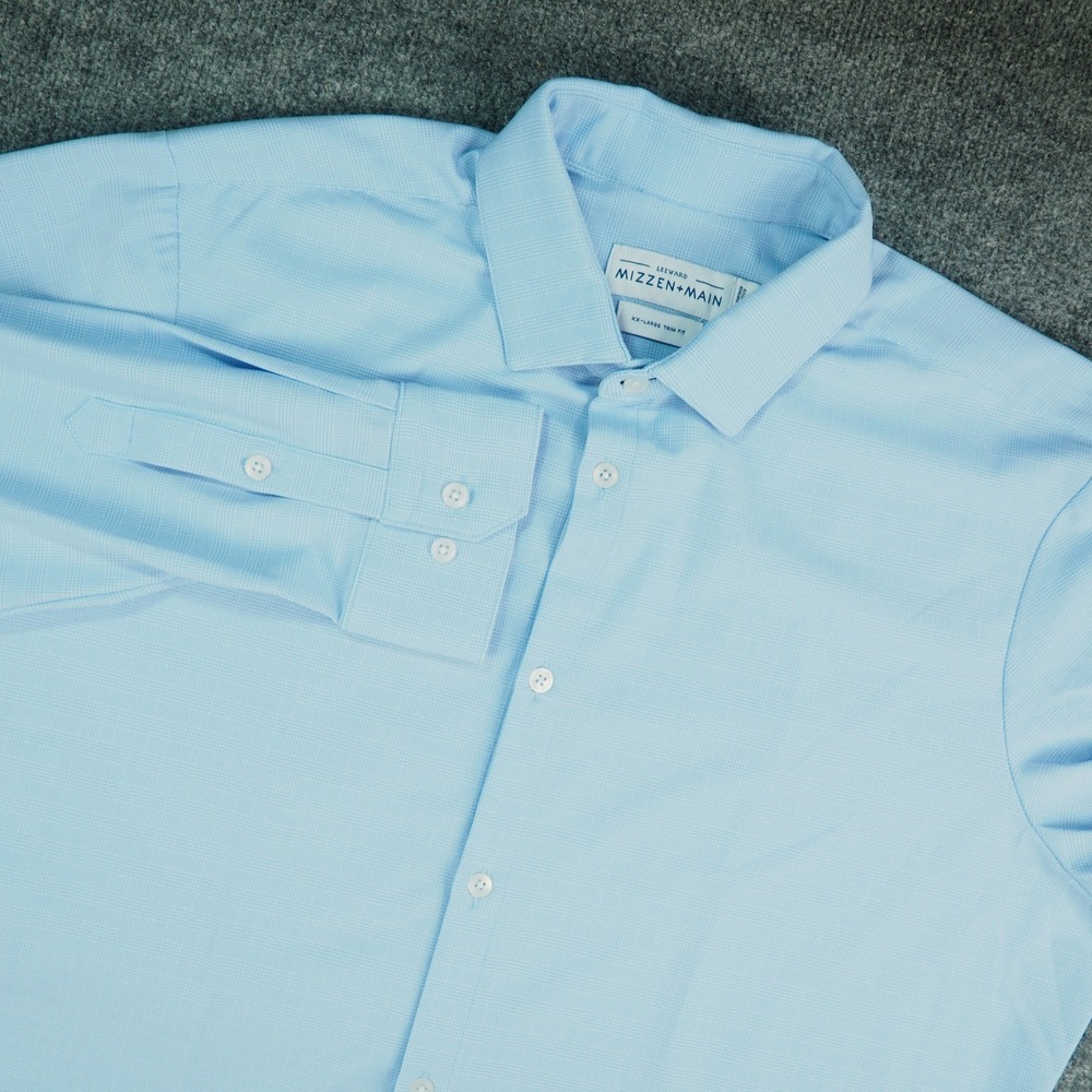 Mizzen+Main Leeward Shirt Mens 2XL Trim Fit Light Blue Plaid Performance Office